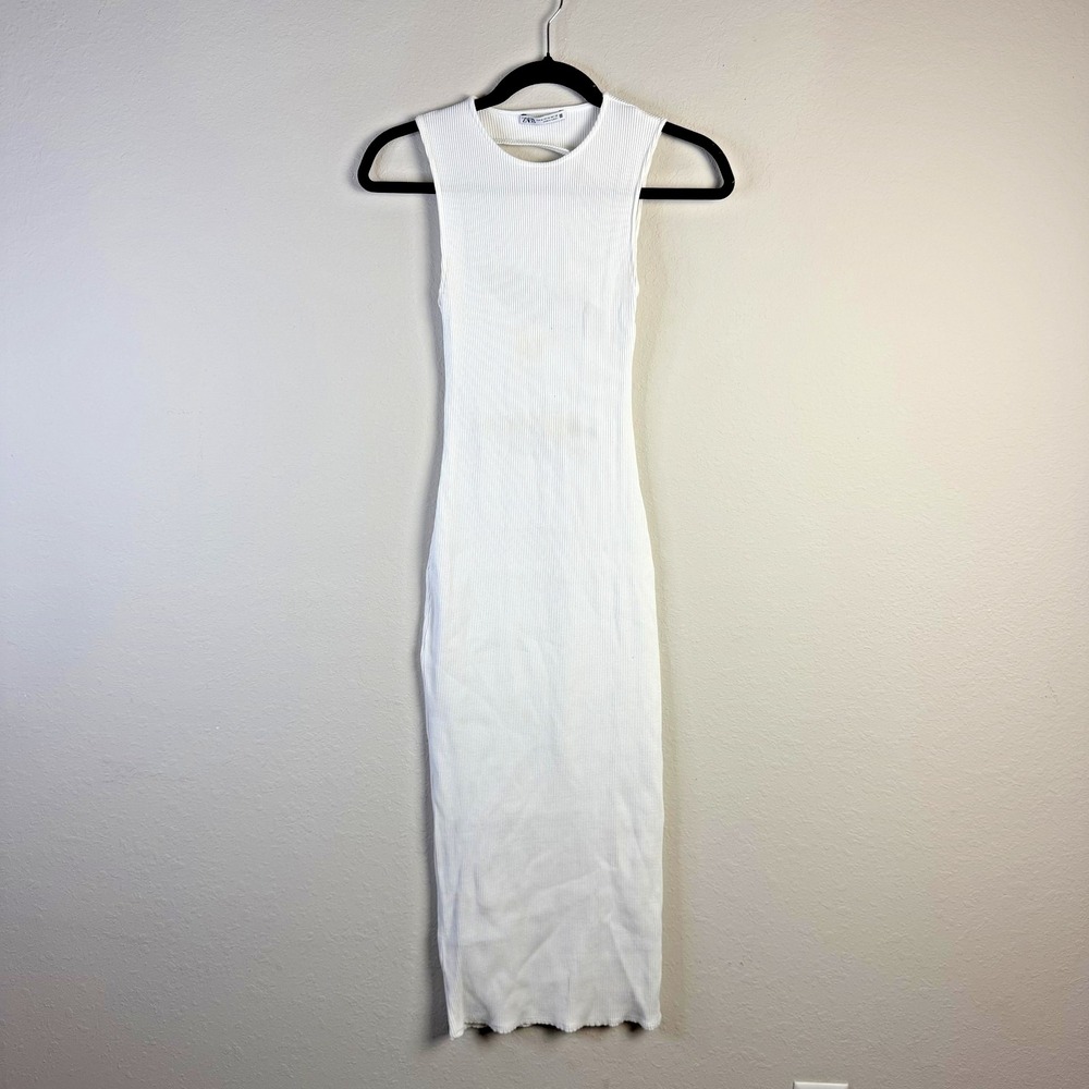 Zara‎ Dress Womens Medium White Ribbed Knit Midi Bodycon Cutout Back Sleeveless